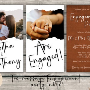 May include: A white and brown engagement party invitation with a torn paper design. The invitation features a photo of a couple holding hands, a photo of the couple embracing, and the text "Tabitha & Anthony Are Engaged!"  The invitation also includes the text "Please join us for an Engagement Party in honor of the future Mr. & Mrs. Stevenson. Saturday, 20th May, 2023 at five o'clock in the evening. The Hotel Drover 200 Mule Alley Fort Worth, Texas. Rsvp to Chelle 123-345-1234. Drinks and dancing to follow."