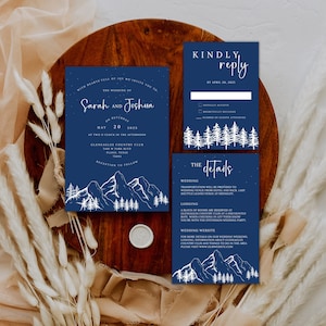 Mountain wedding invitation set lakeside editable template starry night wedding stationary mountain range wedding rsvp card wedding details