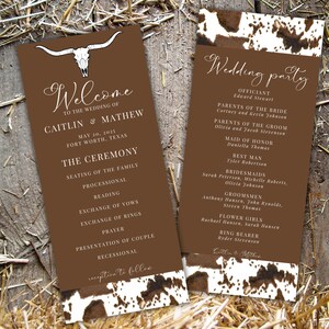Mall för västerländskt bröllopsprogram rustikt bröllop i kohud västerländska bröllopskort dödskalle bröllopsceremoni program västerländsk dekor