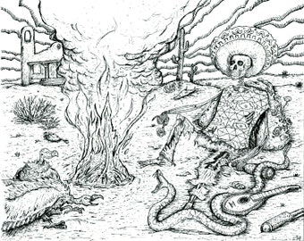 Peut inclure: Un dessin au trait en noir et blanc d'un squelette portant un sombrero et assis près d'un feu. Le squelette tient une guitare et il y a deux vautours au premier plan.