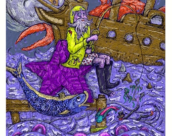 May include: A cartoon illustration of a man with a long white beard fishing from a wooden dock. He is wearing a yellow raincoat, purple pants, and red and white underwear. The water is purple and there are several octopus tentacles and other sea creatures in the water. The man is fishing with a rod and reel and there is a large fish on the end of his line.