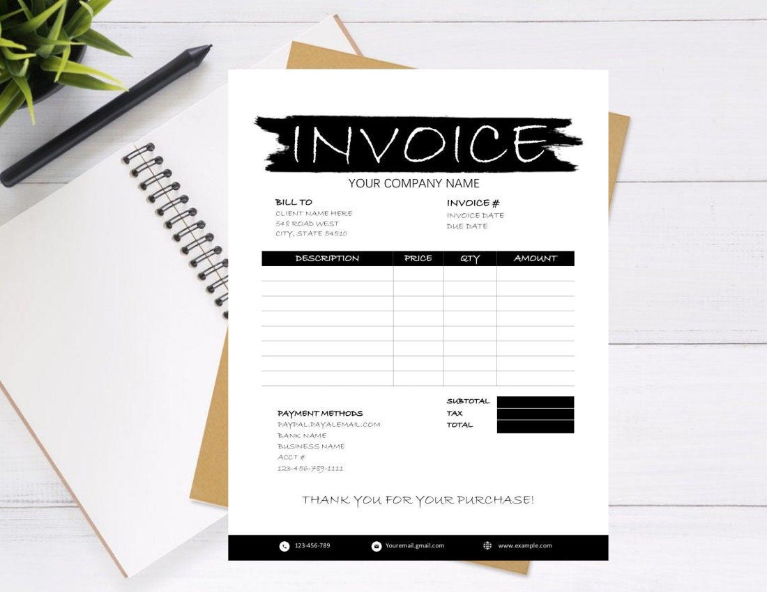 black and white invoice template word printable invoice etsy uk