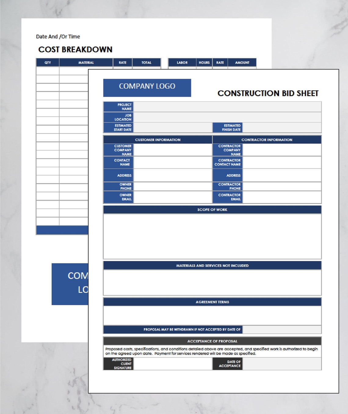 Construction Bid Project Form With Cost Breakdown Template Etsy