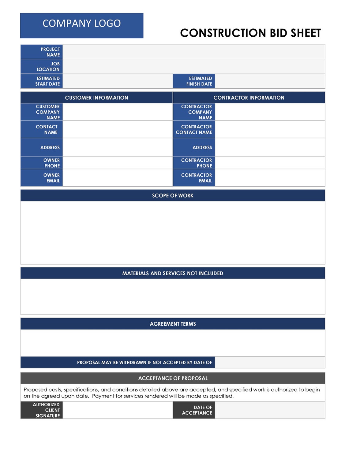 Construction Bid Project Form With Cost Breakdown Template Etsy