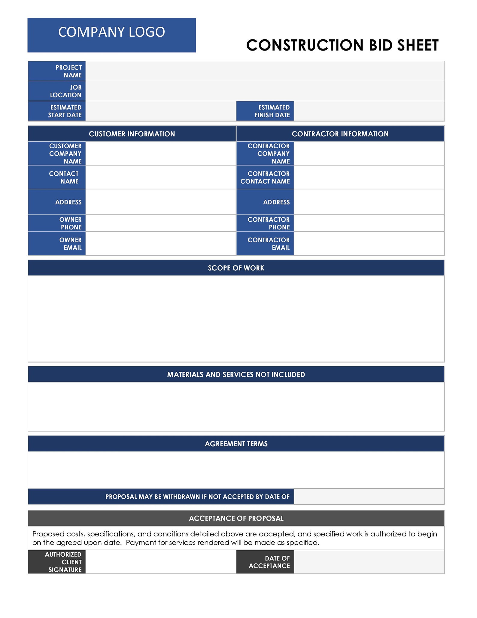 Construction Bid Project Form With Cost Breakdown Template Etsy
