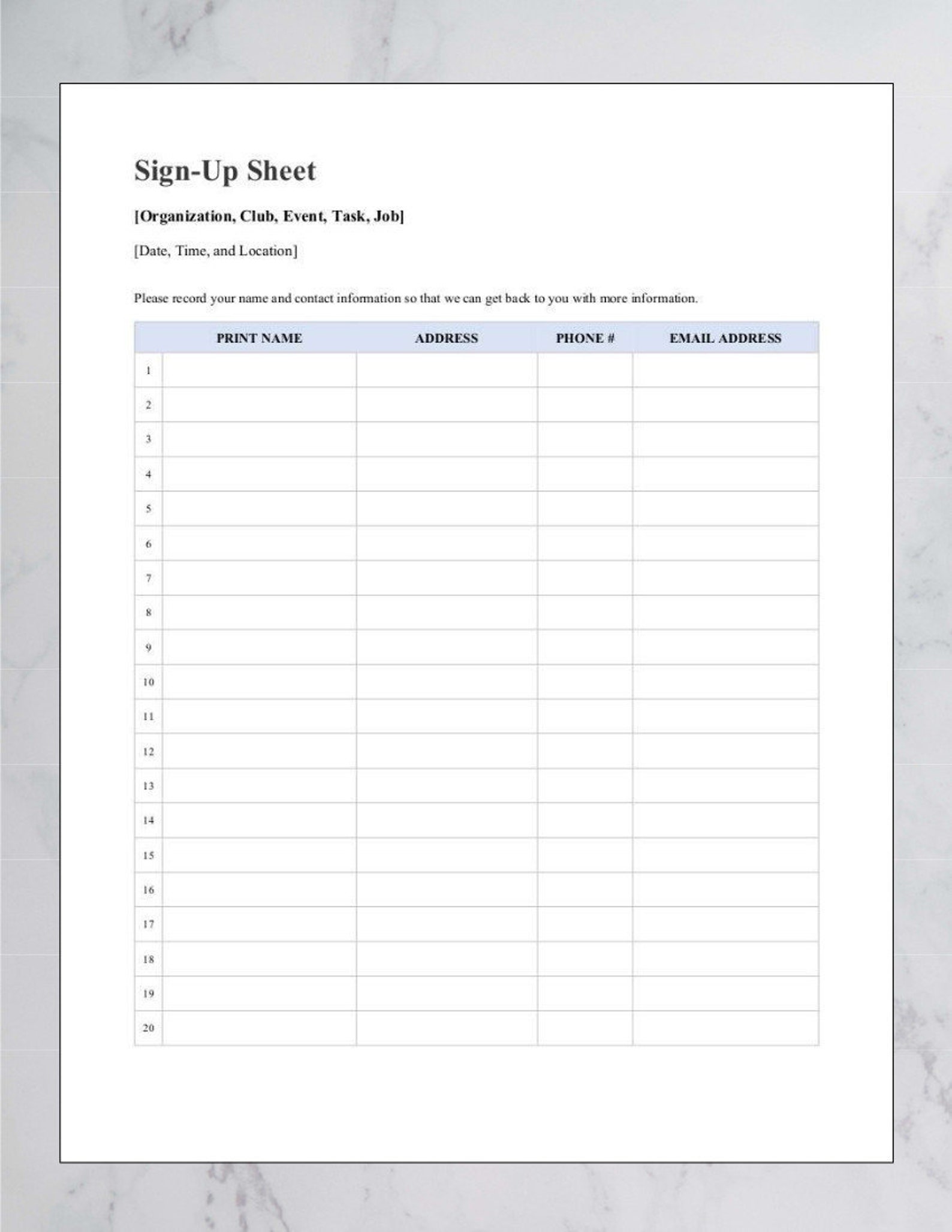 Editable Sign up Sheet Printable Event Sheet Email List Etsy