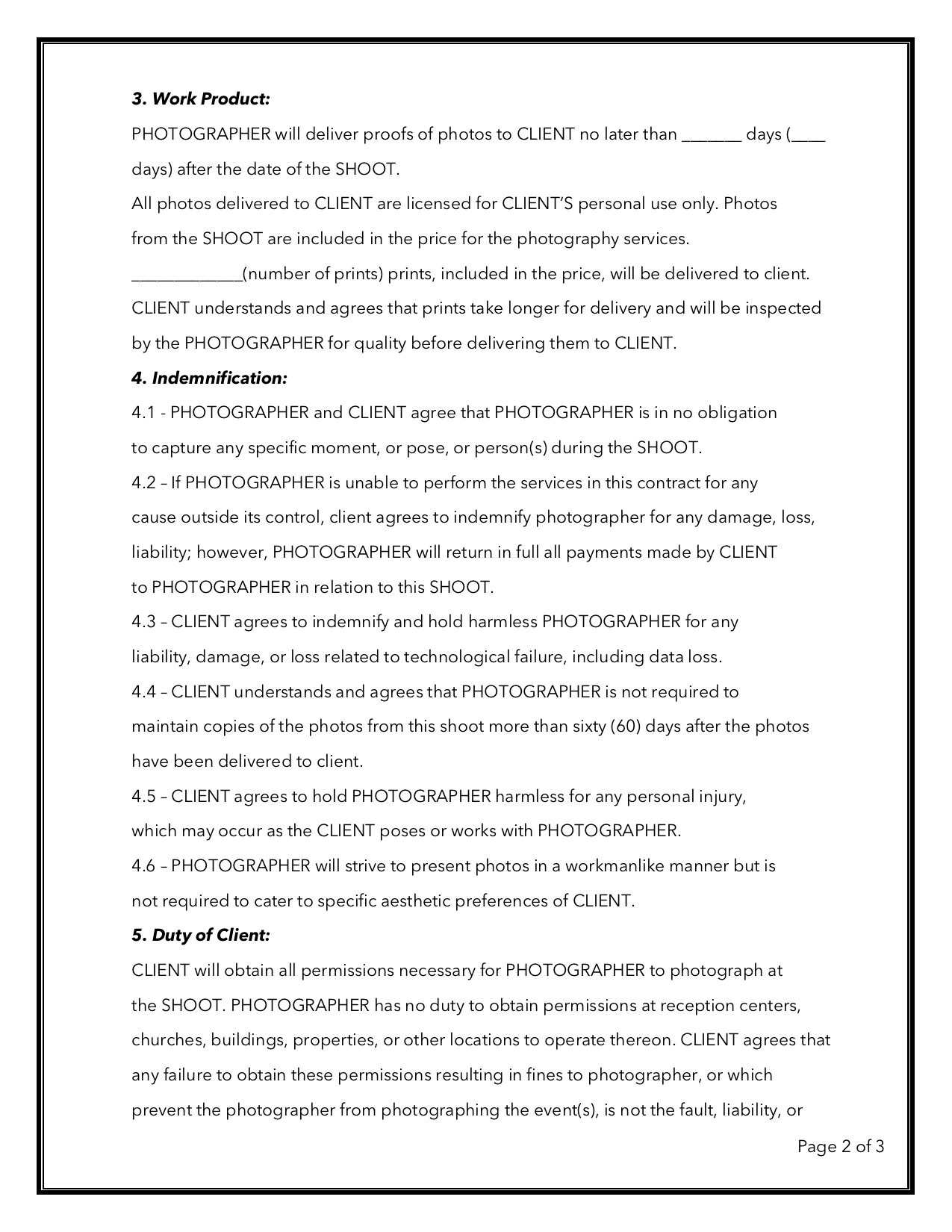 Editable Wedding Photography Contract Template Mircrosoft Etsy