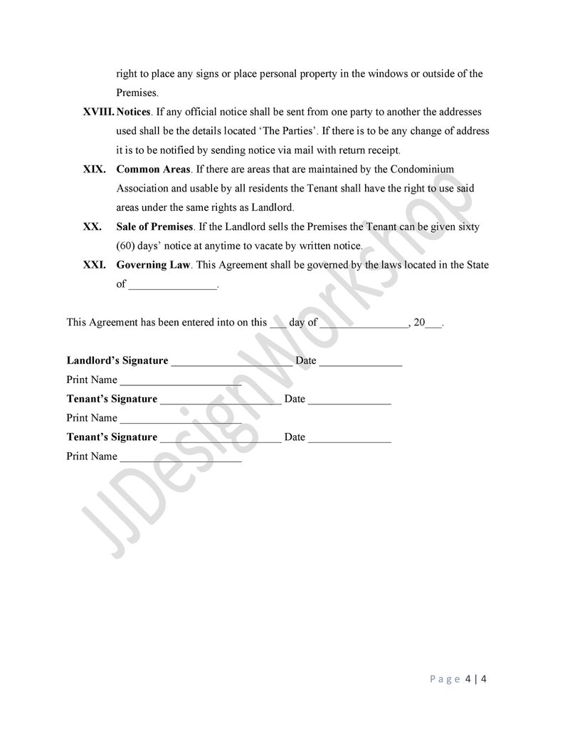 Condo Condominium Rental Agreement Simple Lease Agreement Etsy