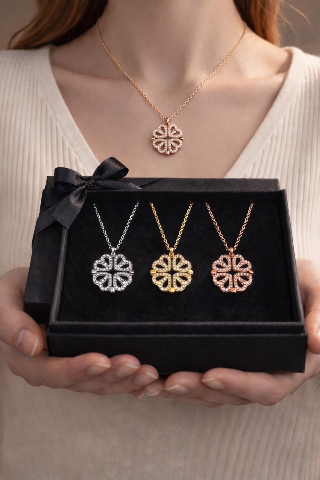 Gold Heart Necklace & Four-leaf Clover Pendant | Dainty CZ Charm