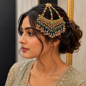 Antique Gold Side Pasa Headpiece | Green & Ruby Stone Hair Jewelry | Pakistani Bridal Matha Patti | Pearl Beaded Wedding Hair Accessory |