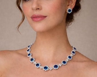 Blue Sapphire Crystal Necklace Set with Stud Earrings | Bridal Wedding Jewelry | Silver Halo Statement Necklace | Elegant Gift for Her
