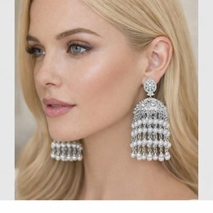 Silver CZ Jhumka Earrings with Pearl Tassels | Bridal Wedding Party Jewelry | Statement Indian Dangle Earrings | Gift for Her