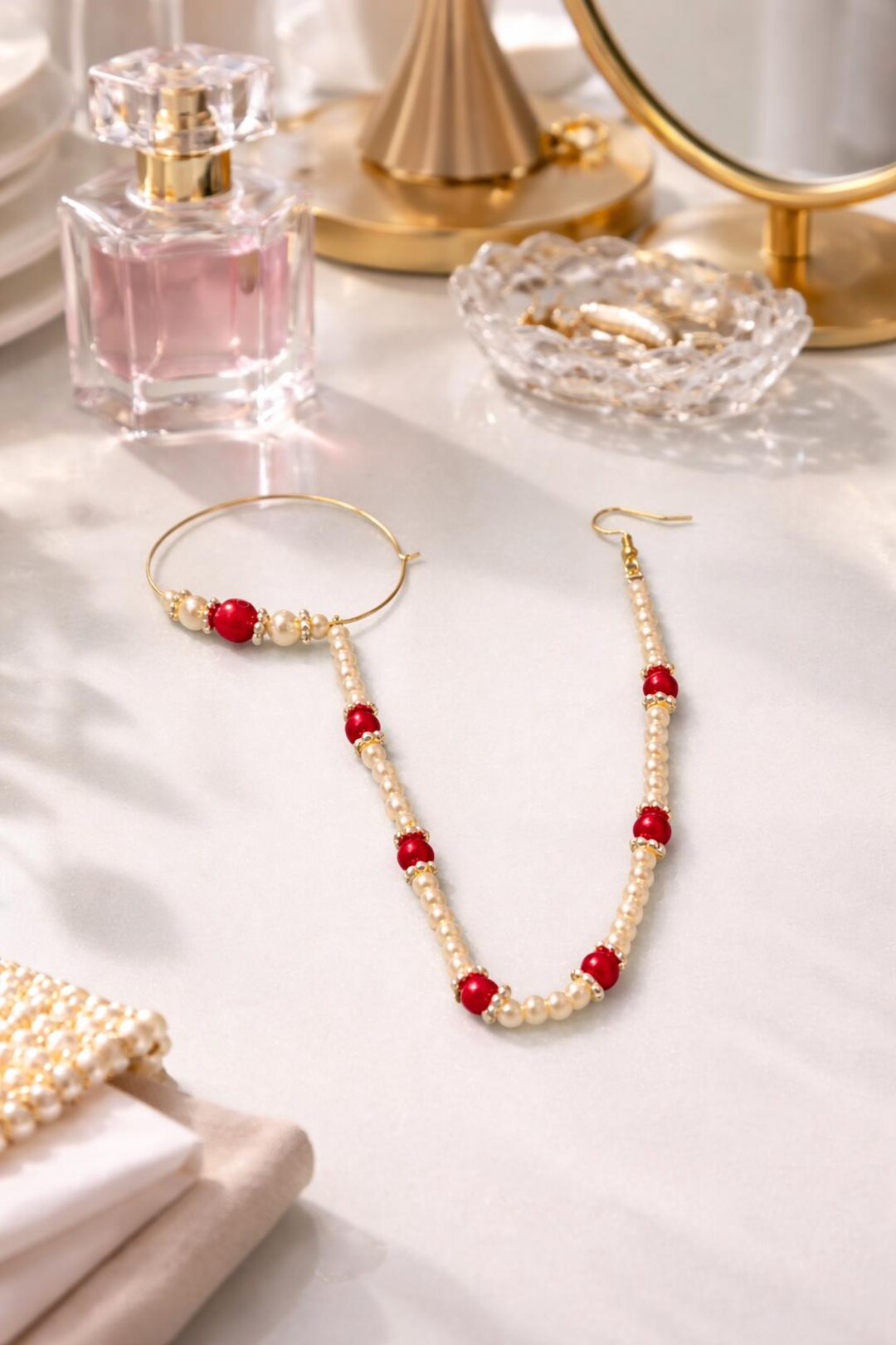 Pearl Nath Nose Ring With Chain Red Beads Indian Bridal Nath 