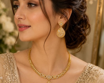 Micro AD Gold Necklace Set with Matching Earrings | Lightweight Bridal Jewelry | Indian Pakistani Wedding Jewelry Gift for Women