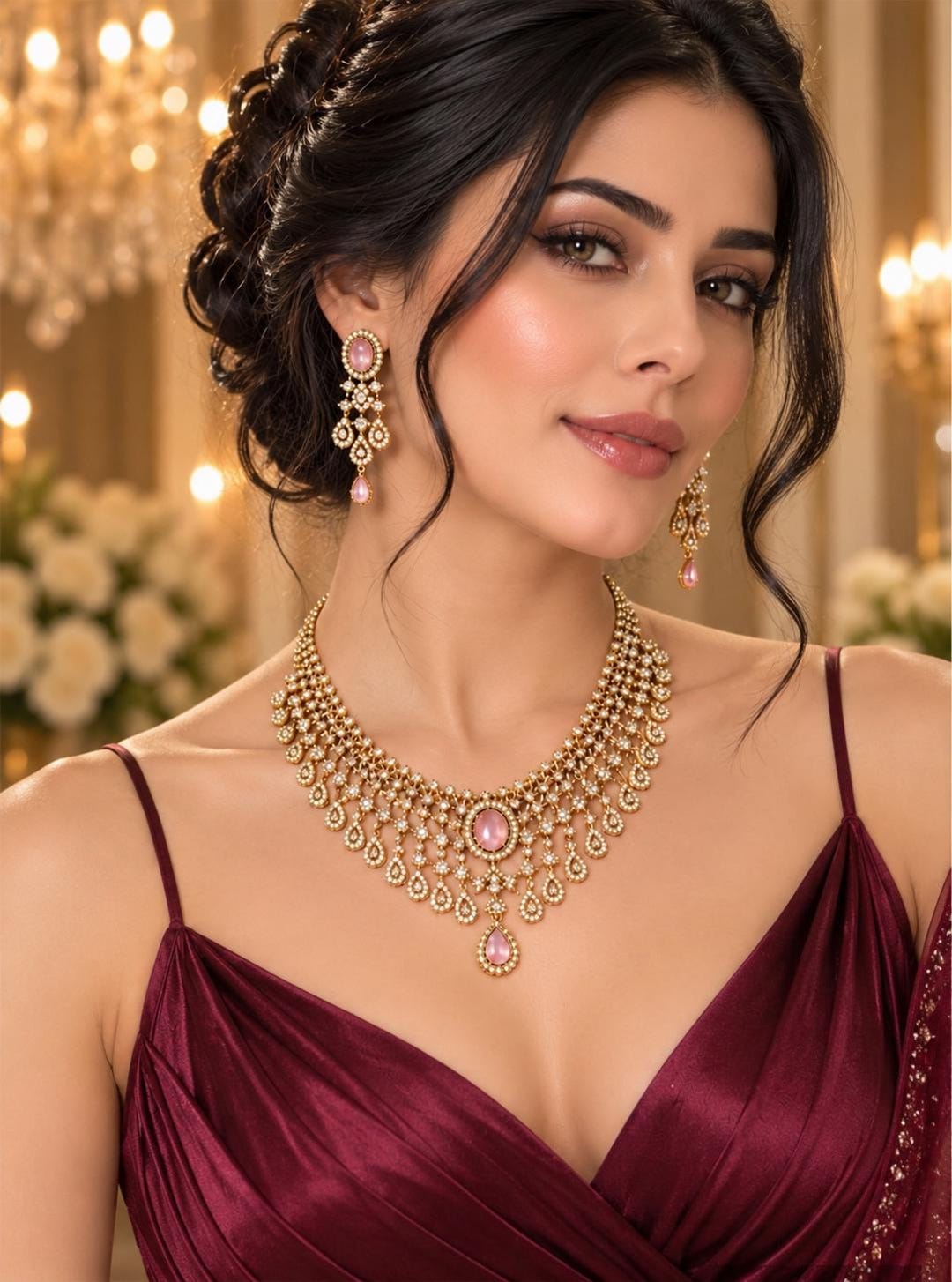 Luxury AD CZ Bridal Necklace Set With Pink Stone Earrings | Gold