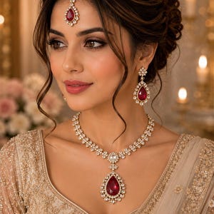 May include: A jewelry set consisting of a necklace, drop earrings, and a maang tikka. Each piece features a teardrop-shaped deep red stone surrounded by small clear crystals set in a gold-toned metal frame, creating a coordinated and ornate appearance.