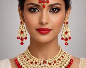 Set di choker Kundan rosso da sposa indiano / Collana, orecchini e Tikka placcati in oro / Set di gioielli da sposa / Gioielli con perline rosse Polki
