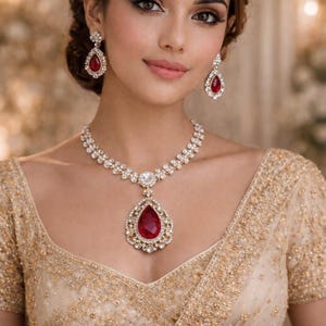 Royal Ruby Bridal Jewelry Set | Gold Kundan Necklace Earrings Maang Tikka | Indian Wedding Statement Set