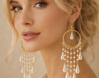Gold Pearl Chandelier Earrings | Teardrop Dangle Statement Earrings | Bridal Wedding Jewelry | Long Elegant Pearls | Boho Glam Gift for Her