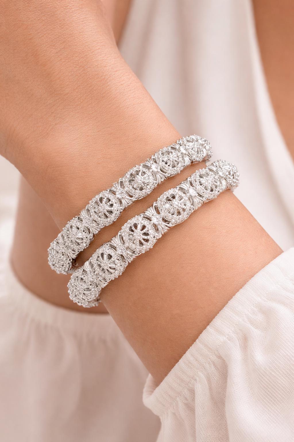 Silver Plated CZ Floral Bangles | Elegant Bridal Kada Set