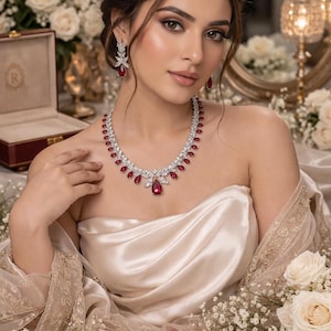 Ruby Red Statement Necklace Set with Crystal Diamonds | Bridal Wedding Jewelry Set | Luxury Teardrop Necklace with Matching Earrings |