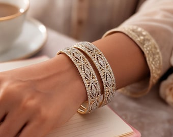 Gold and Silver Plated CZ Bangle Set | Elegant Dual Tone Kada | Bridal Wedding Jewelry | Sparkling Party Wear Bangles