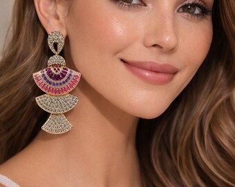 Pink & Purple CZ Statement Earrings | Geometric Party Dangles | Bold Fashion Jewelry Gift for Her | Wedding and Evening Earrings