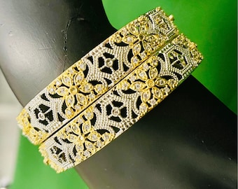 Two Tone Floral CZ Bangles | Gold & Silver Plated Kada Set | Indian Bridal Jewelry | Elegant Party Wear Accessories