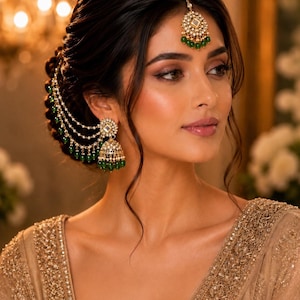 Orecchini Jhumka Kundan verde smeraldo con catena Sahara e Maang Tikka / Orecchini a catena da sposa indiani / Set di gioielli da sposa pakistani