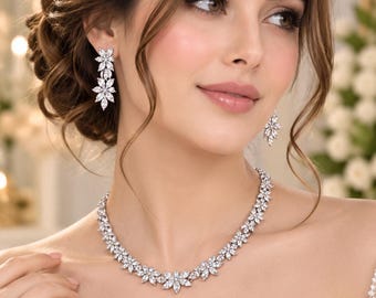 Set di collana e orecchini in argento con zirconi cubici / Set di gioielli da sposa con cristalli / Collana elegante per matrimonio / Gioielli da sera raffinati