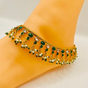 Green Kundan Payal Anklet Set | Gold Plated Bridal Ankle Bracelet | Traditional Wedding Jewelry | Ethnic Party Wear Accessories