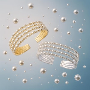 Bridal Pearl Cuff Bracelet | Multi-Row Crystal Rhinestone Bangle | Gold & Silver Adjustable Wedding Jewelry | Pearl Bridal Accessory