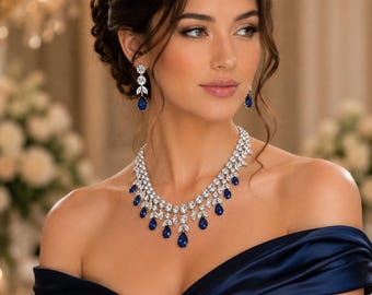 Blue Teardrop Crystal Bridal Necklace Set | Sapphire Color Wedding Jewelry Set | Statement Rhinestone Necklace & Earrings Gift for Bride