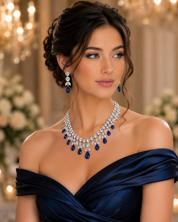 Blue Teardrop Crystal Bridal Necklace Set | Sapphire Color Wedding Jewelry Set | Statement Rhinestone Necklace & Earrings Gift for Bride