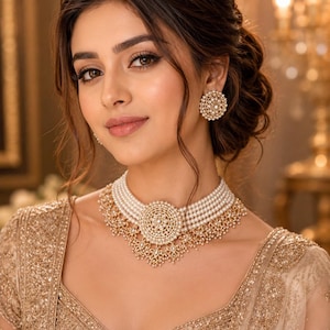 May include: A multi-strand pearl choker necklace featuring a central circular gold-toned pendant with intricate filigree and small white stones, complemented by matching circular stud earrings with a similar gold and white stone design.