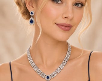 Blue Sapphire CZ Necklace & Earrings Set | Silver Tone Bridal Jewelry | Crystal Wedding Statement Necklace | Evening Party Jewelry Set