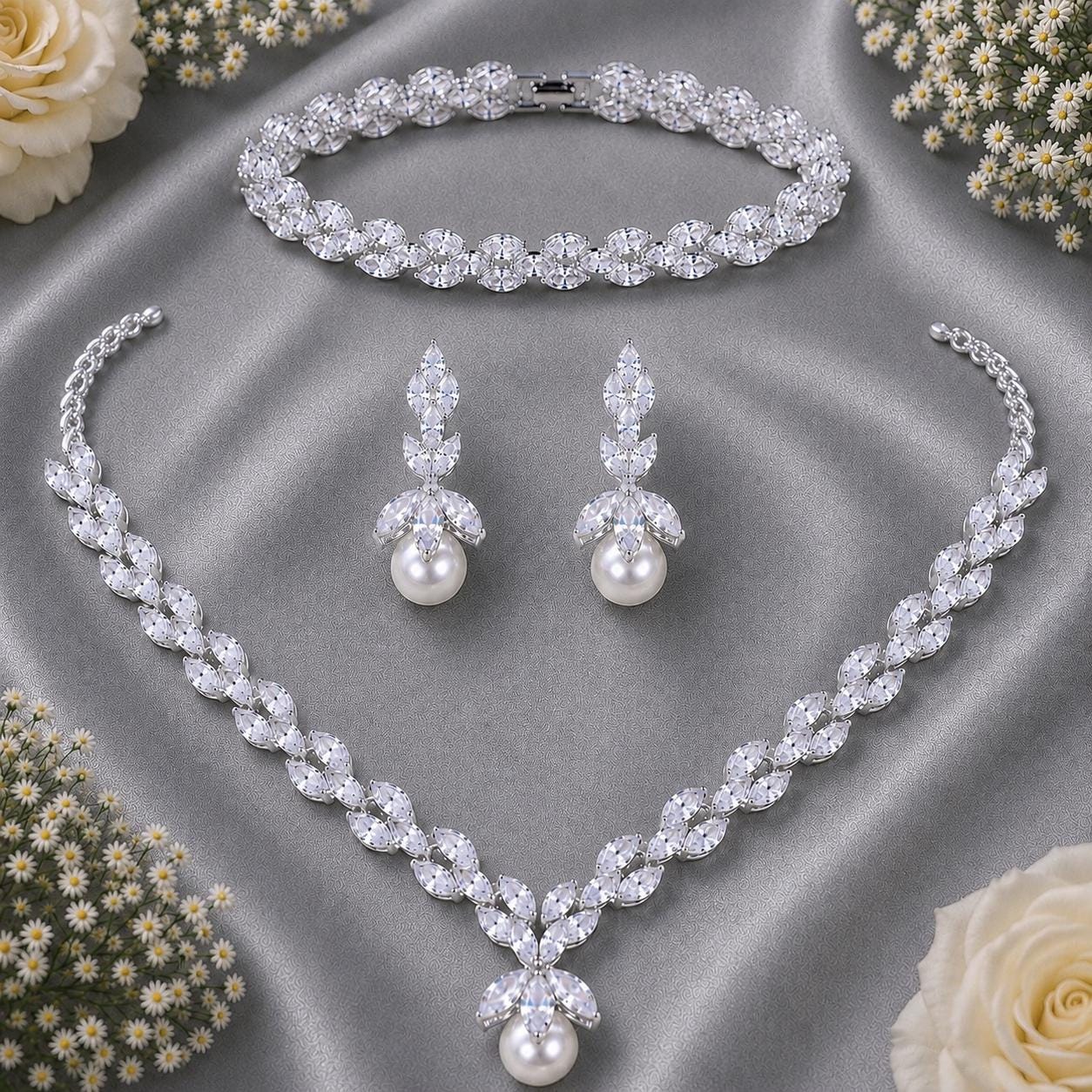 Pearl Drop Bridal Jewelry Set | Silver CZ Necklace Earrings