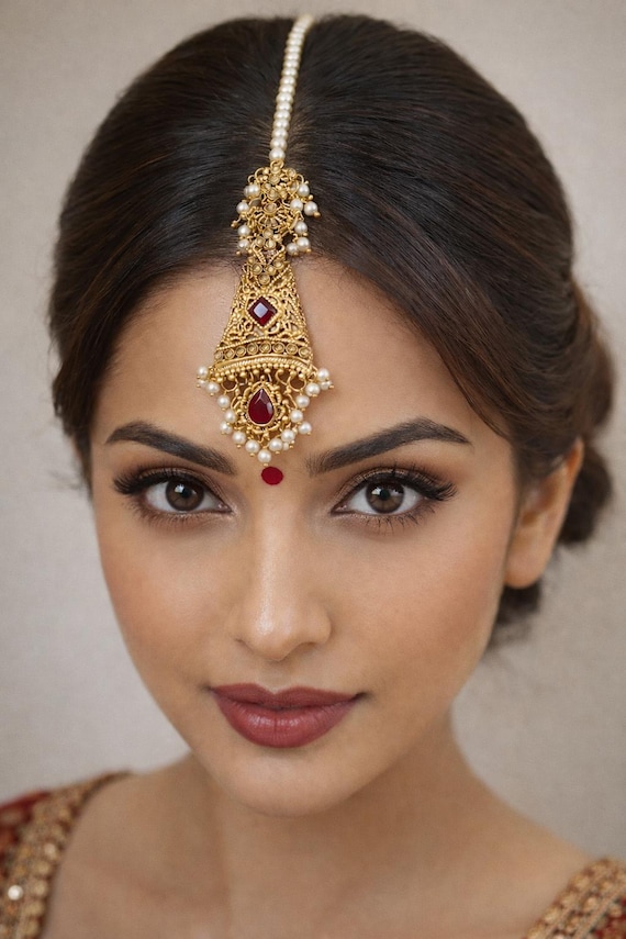 Gold Plated Red Kundan Maang Tikka With Pearls | Bridal  display picture 2