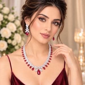 Ruby Red Statement Necklace Set with Crystal Diamonds | Bridal Wedding Jewelry Set | Luxury Teardrop Necklace with Matching Earrings |