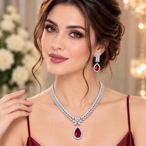 Op de afbeelding: Een sieradenset bestaande uit een ketting en bijpassende oorbellen. De ketting heeft een centrale peervormige rode edelsteen omringd door heldere stenen, met een ketting van bladvormige heldere stenen. De oorbellen spiegelen dit ontwerp.