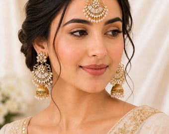 Gold Kundan Jhumka Earrings with Maang Tikka Set | Indian Bridal Jewelry Set | Pearl Drop Chandbali Earrings | Wedding & Festive Wear