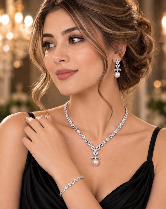 Pearl Drop Bridal Jewelry Set | Silver CZ Necklace Earrings