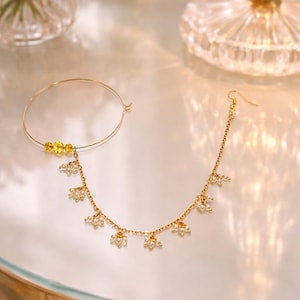 Gold Pearl Nose Ring with Chain | Indian Bridal Nath | Gold Tone Nose Hoop | Wedding Nathni Jewelry | Traditional Festive Accessory