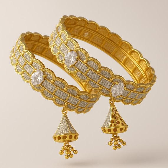 Gold Plated CZ Bangle Set With Hanging Tassels | Bridal Wedding