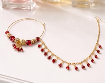 Gold Plated Deep Red Crystal Nose Ring Nath | Traditional Indian Bridal Nath with Maroon Beads | Wedding Ethnic Statement Jewelry for Women
