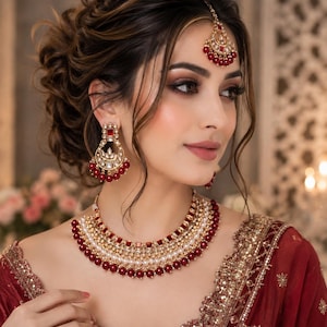 May include: A gold-toned jewelry set featuring a multi-layered necklace, drop earrings, and a maang tikka. The pieces are adorned with deep red square-cut stones, small white pearls, and clear crystals, creating a coordinated and ornate appearance.