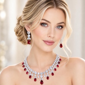 Conjunto de collar y pendientes de novia con lágrima de rubí / Joyería nupcial de cristal rojo / Conjunto de novia de lujo con estilo
