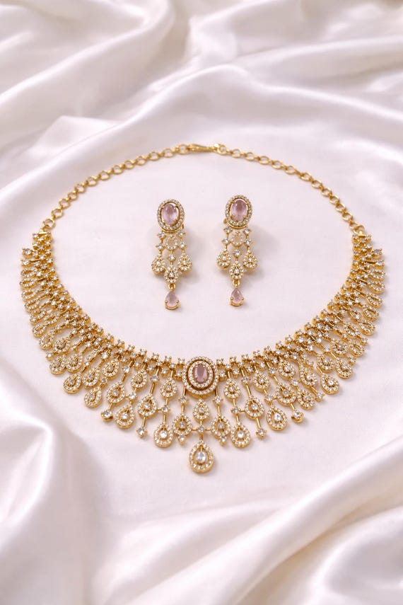 Luxury AD CZ Bridal Necklace Set With Pink Stone Earrings | Gold