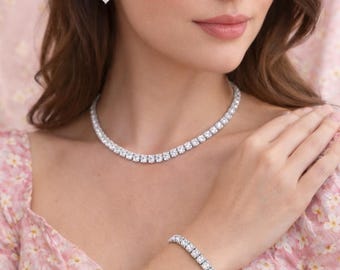 Silver Plated CZ Necklace Set with Bracelet & Earrings | Bridal Wedding Jewelry | Elegant Party Wear Set | Gift for Her