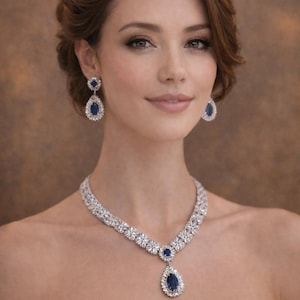 ブルーサファイアCZネックレス＆イヤリングセット | シルバートーンブライダルジュエリー | クリスタルウェディングステートメントネックレス | イブニングパーティージュエリーセット